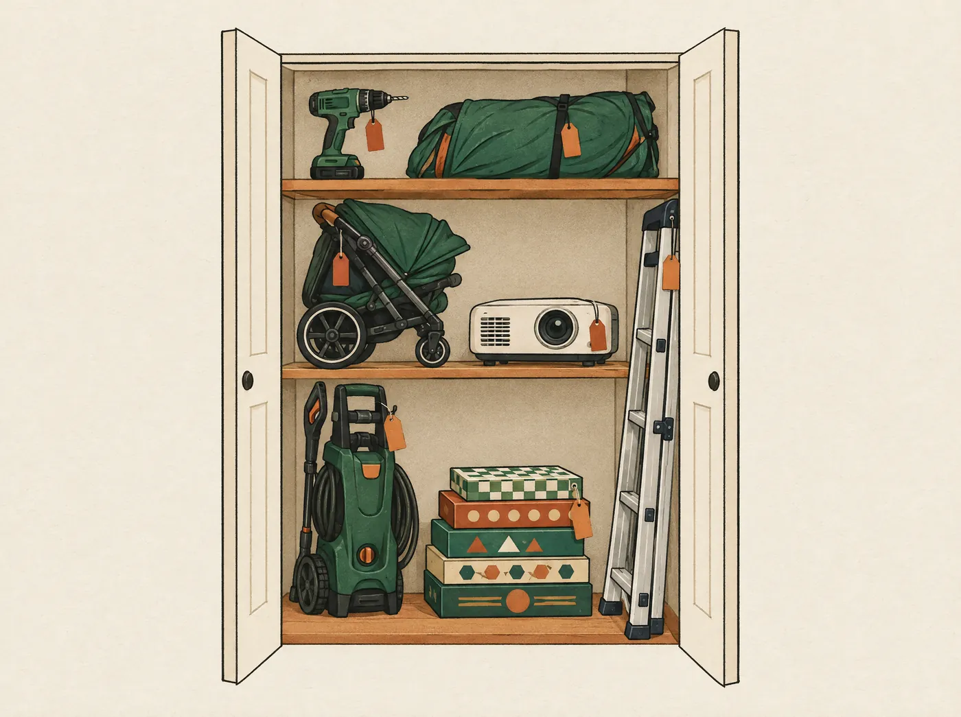 A storage closet with a drill, tent, stroller, projector, ladder and board games, each with a small tag