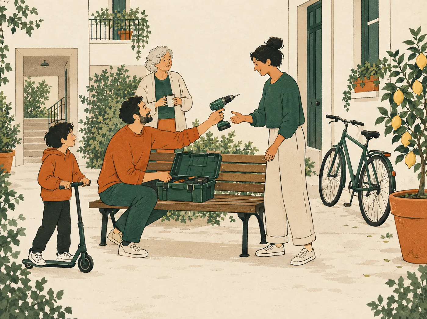 Neighbours in a shared courtyard hand each other a drill from a toolbox